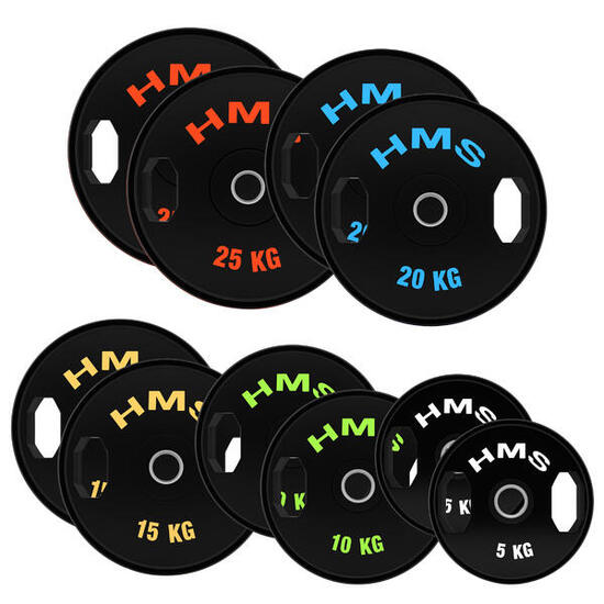Zestaw talerzy olimpijskich ogumowanych TOG 2 x 5 - 25 Kg (150 Kg) HMS