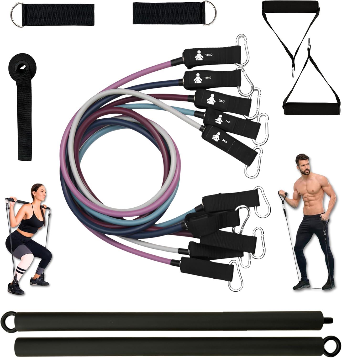 Kit allenamento 46 kg con 5 fasce elastiche, barra, manopole, ancoraggio porta 2/3