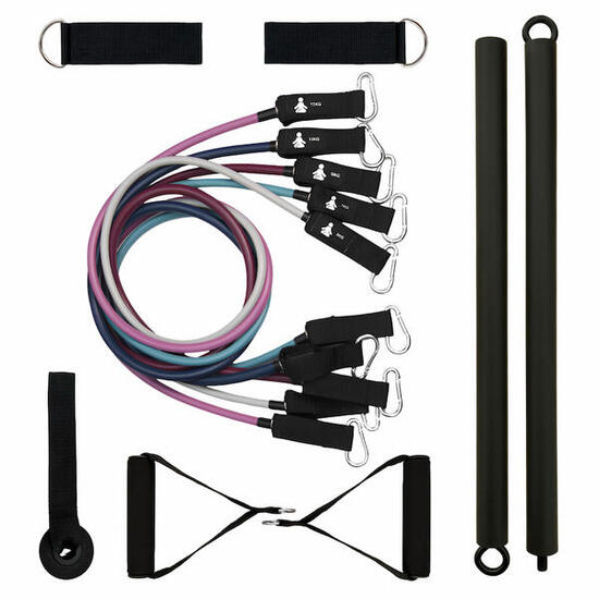 Kit allenamento 46 kg con 5 fasce elastiche barra manopole ancoraggio porta