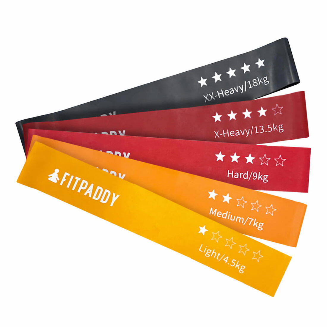 FITPADDY Fasce elastiche fitness in lattice - 5 resistenze: 4,5 - 7 - 9 - 13,5 - 18 kg
