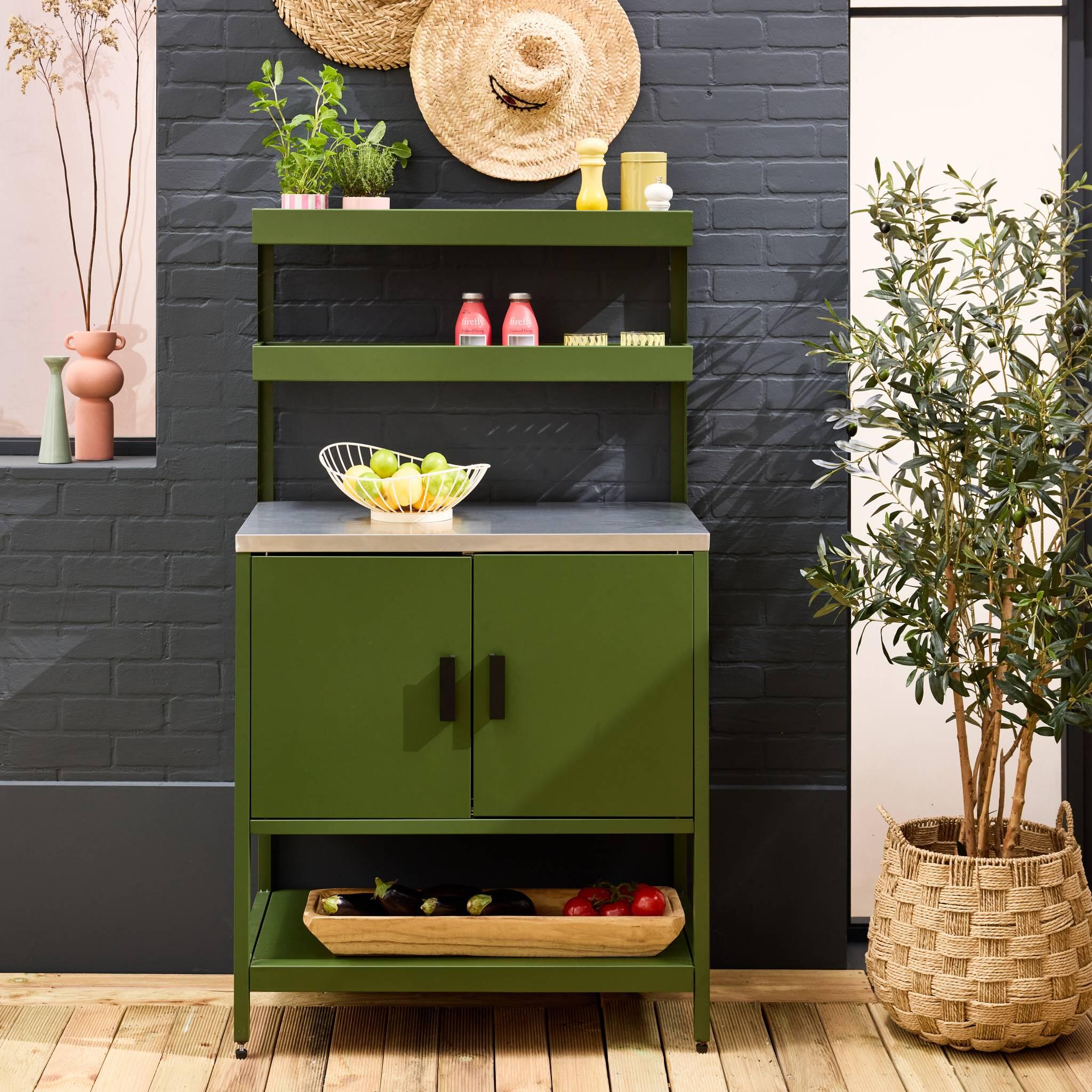 Cozinha de exterior em aço com 2 prateleiras suspensas e 2 portas, 80cm, Verde 2/5