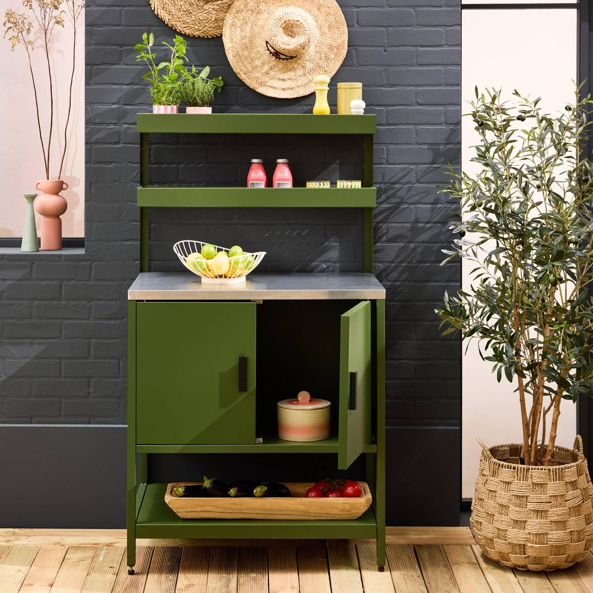 Cozinha de exterior em aço com 2 prateleiras suspensas e 2 portas, 80cm, Verde 3/5