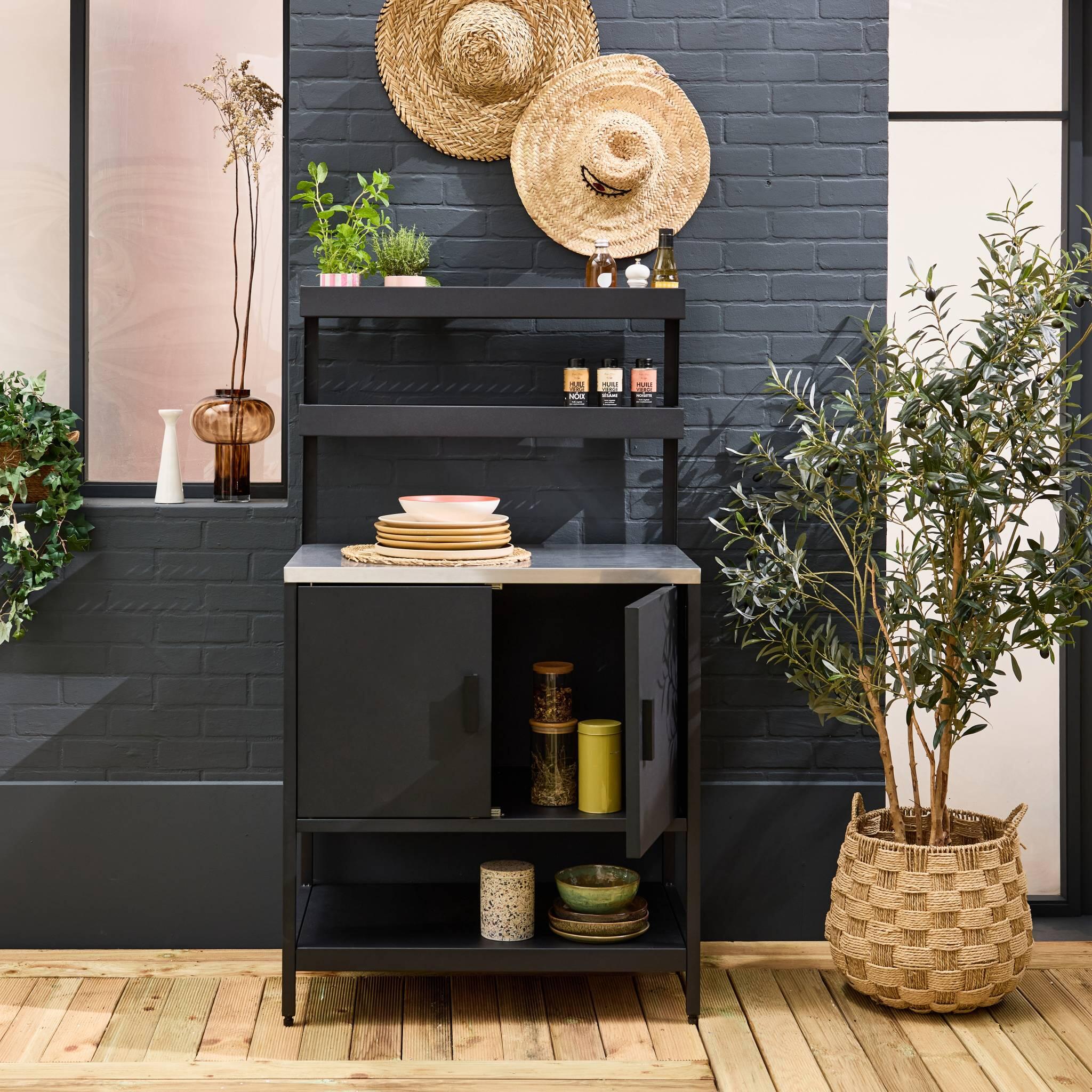 Cozinha de exterior em aço com 2 prateleiras suspensas e 2 portas, 80cm, Preto 3/5