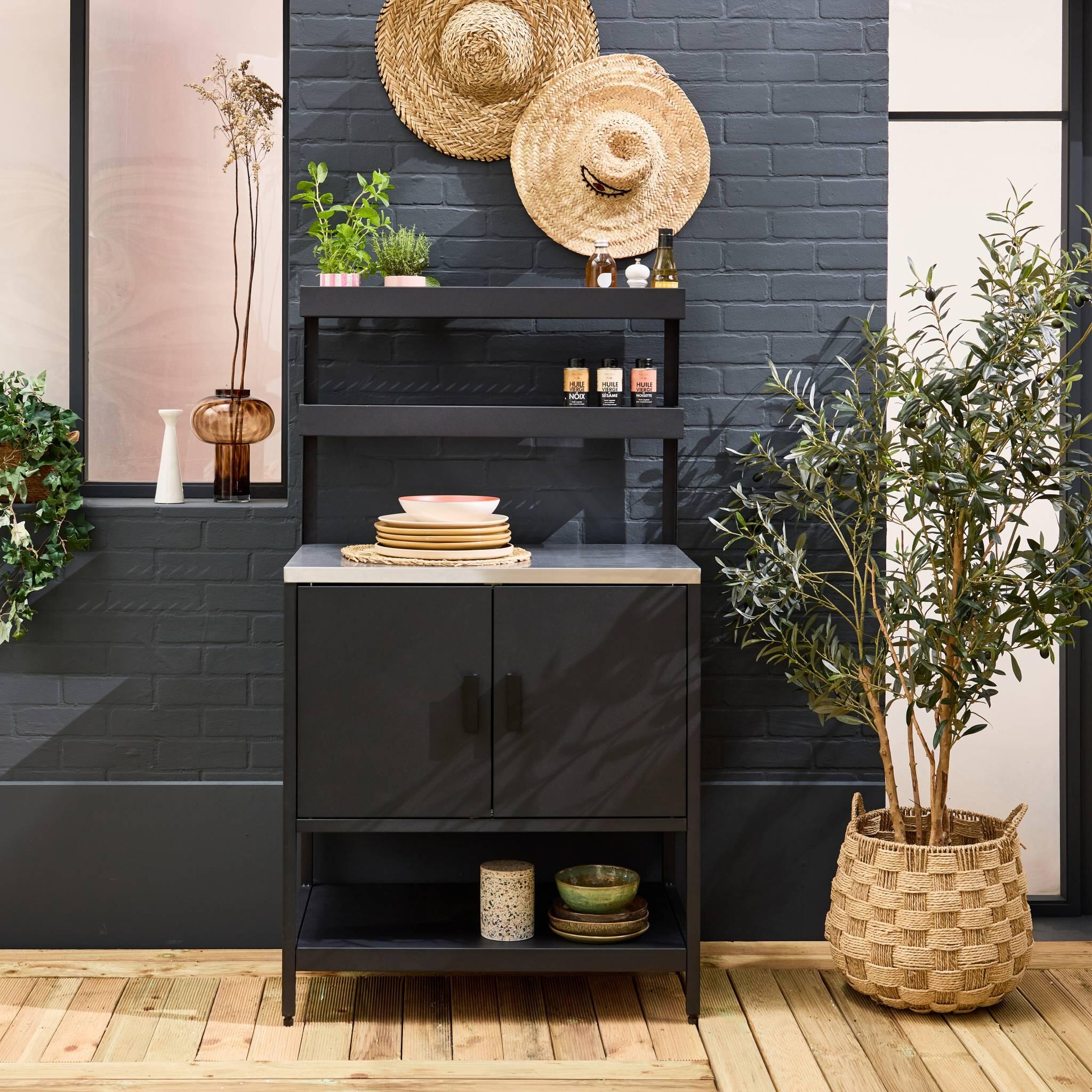 Cozinha de exterior em aço com 2 prateleiras suspensas e 2 portas, 80cm, Preto 2/5