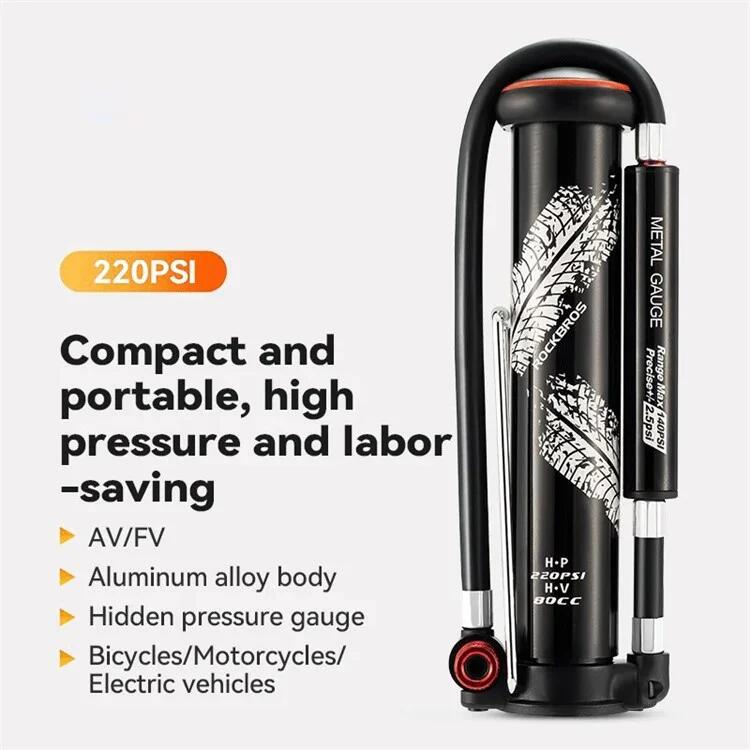 Bomba de bicicleta manual de ar de 220PSI com manômetro oculto 2/7
