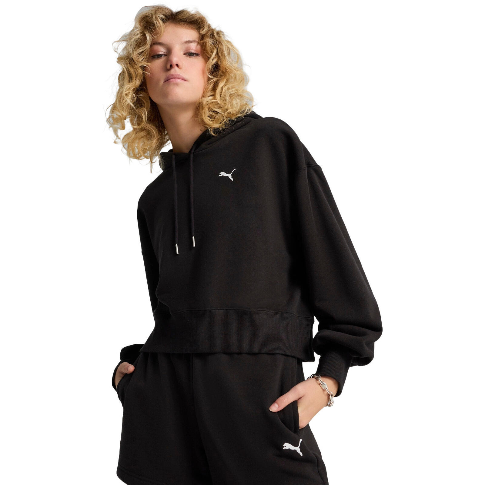 PUMA Kap Puma Wardrobe Ess Relaxed Cropped Hoodie Tr, Zwart, Dames