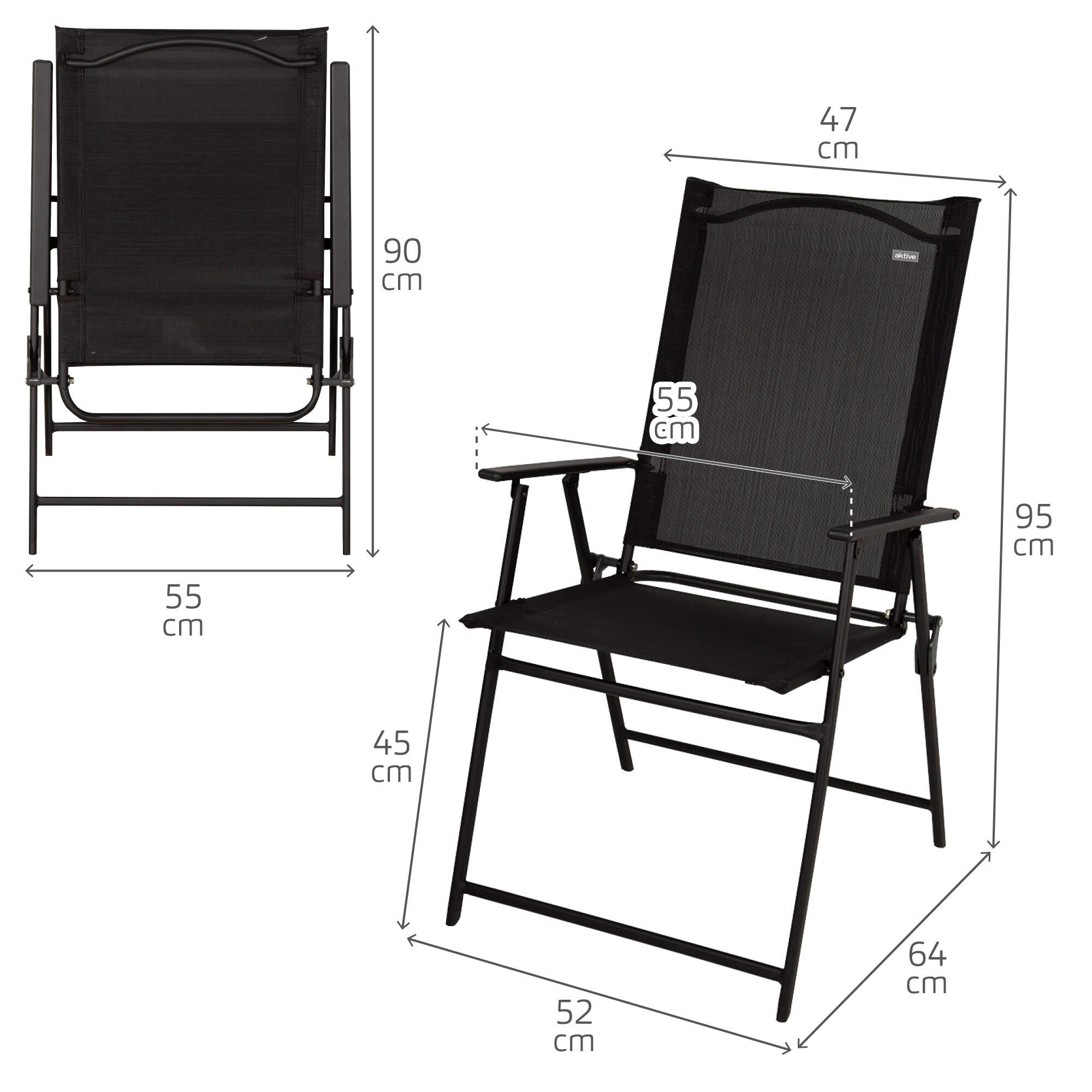 Aktive Confezione da 4 sedie da giardino pieghevoli sottili nere 47x64x95cm 4/7