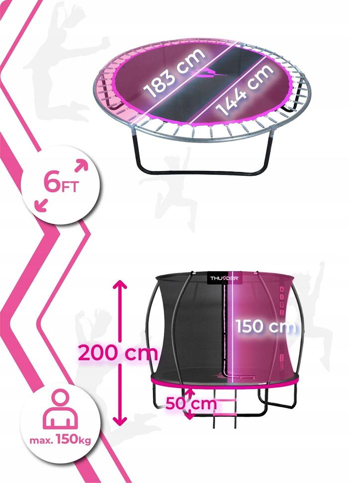 Trampolina ogrodowa dla dzieci z siatką THUNDER INSIDE-ULTRA 6FT 183CM PINK