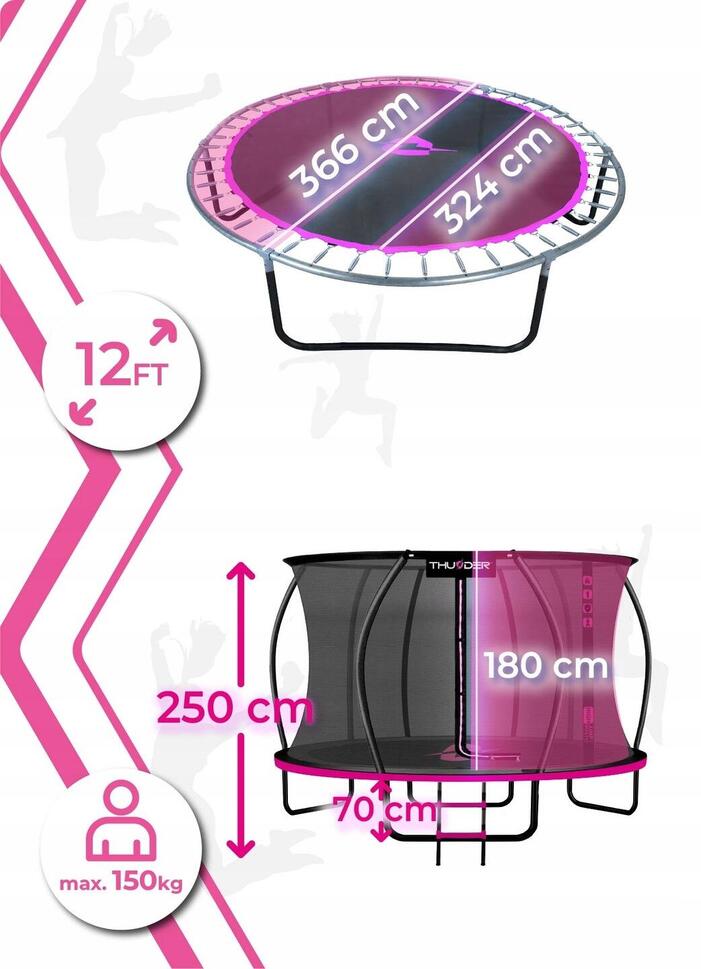 Trampolina ogrodowa dla dzieci z siatką THUNDER INSIDE-ULTRA 12FT 366CM Pink