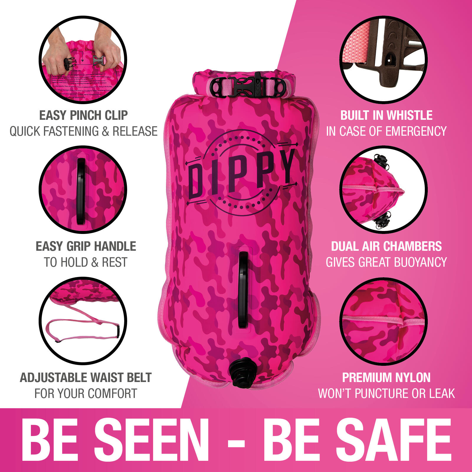 Tow Float | Open Water Swim Buoy | Dry Bag Pink Camo 28 Litres 2/7