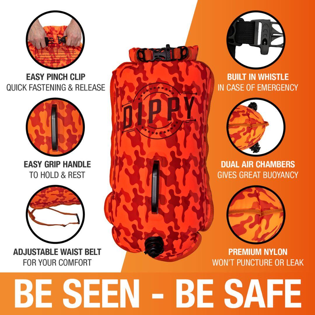 Tow Float | Open Water Swim Buoy | Dry Bag Orange Camo 28 Litres 2/7