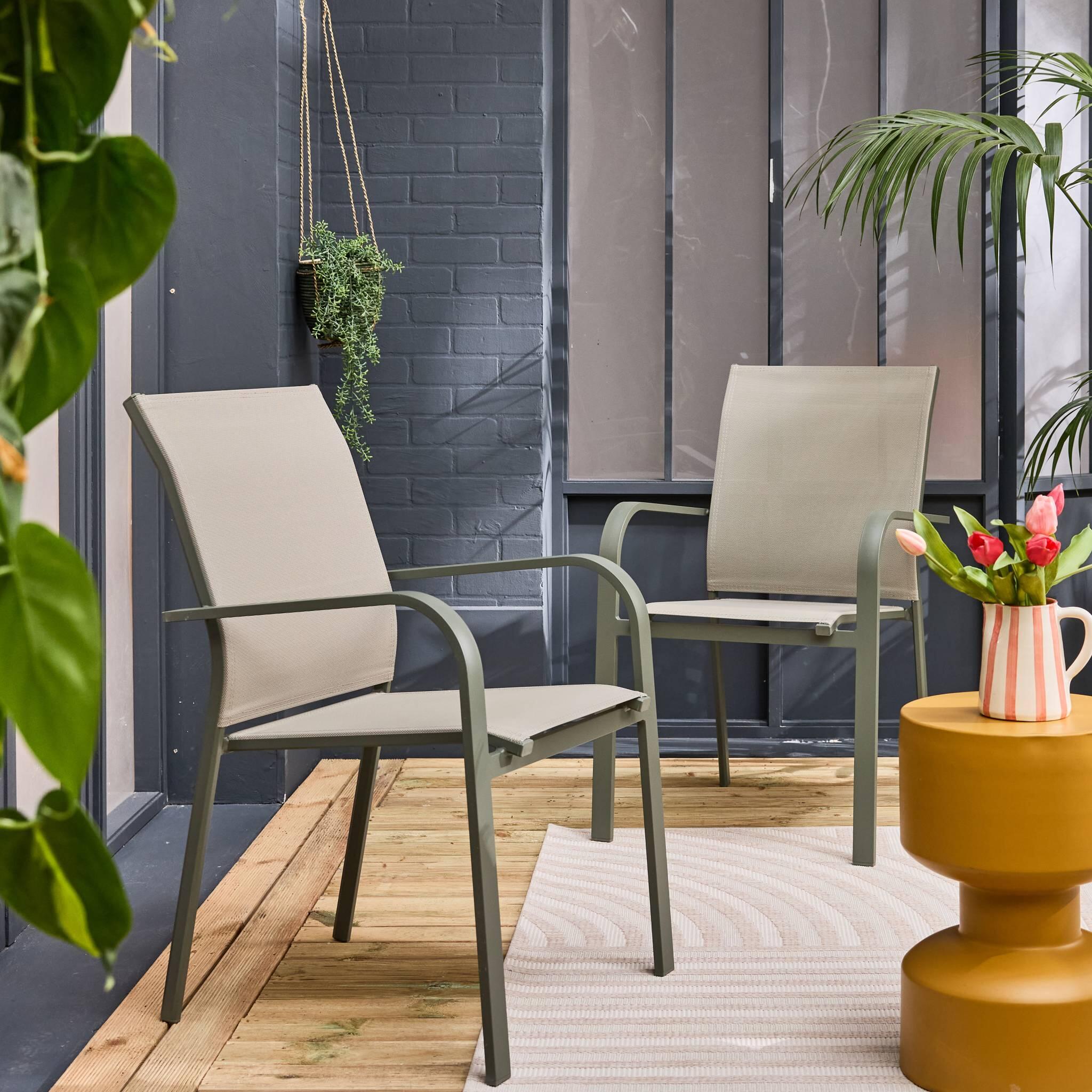 Silla de jardín apilable de aluminio y textileno, set de 2, Verde kaki 3/6