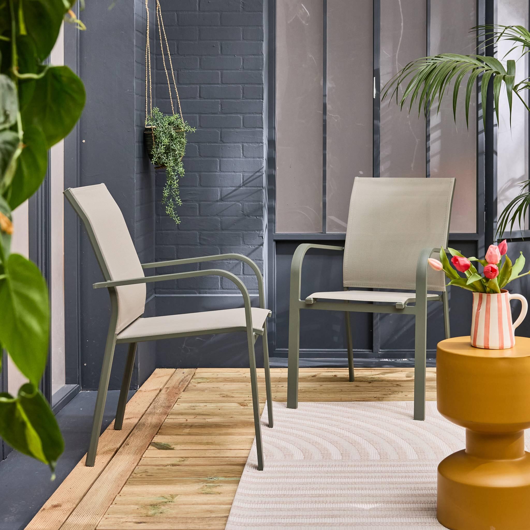 Silla de jardín apilable de aluminio y textileno, set de 2, Verde kaki 2/6