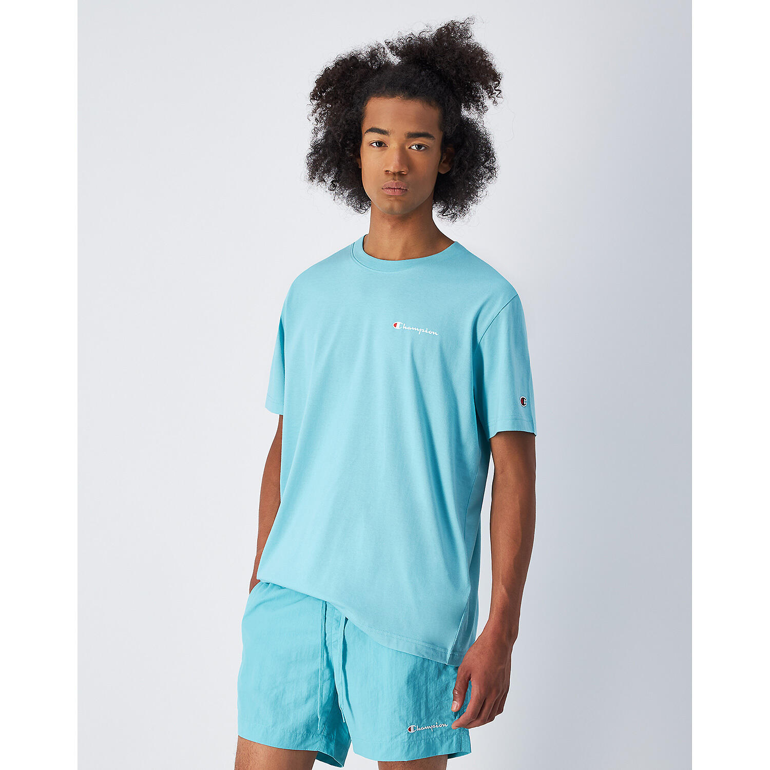 Champion SS TEE Light Cotton Jersey  Uomo Logo Piccolo Cotone Celeste,L 2/3