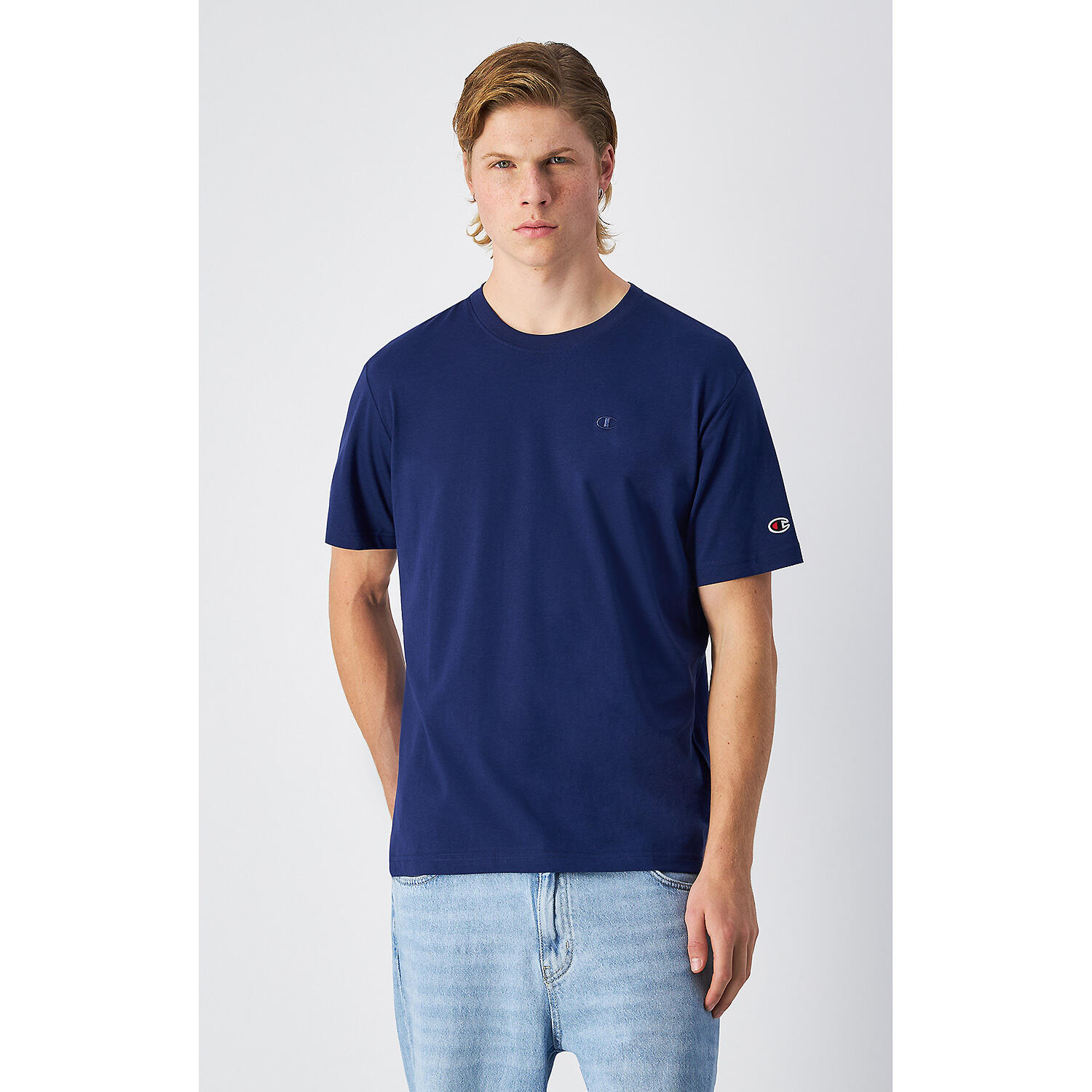 Champion SS TEE Light Cotton Jersey Uomo Logo Piccolo Cotone Blu Navy,XL 2/4