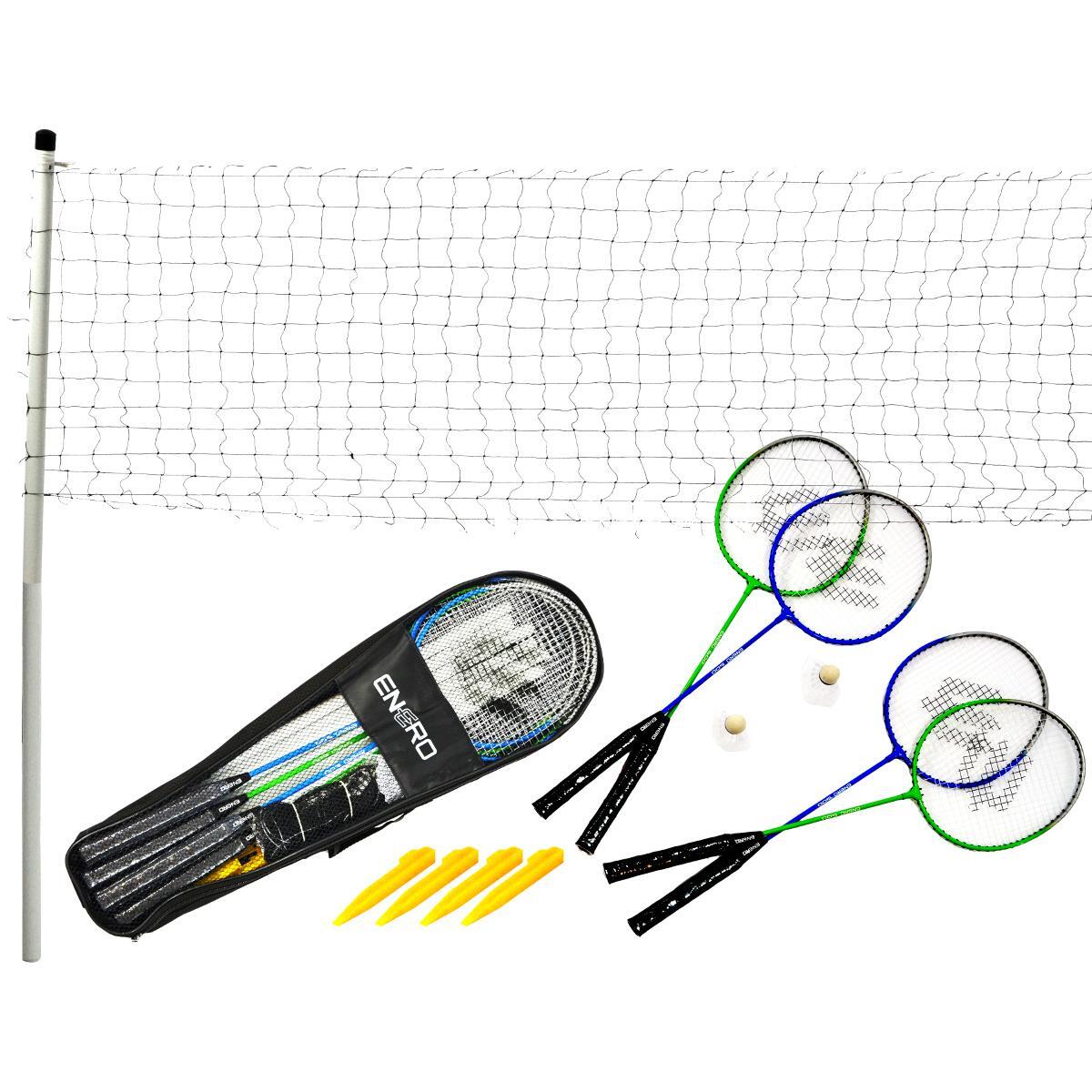 ENERO Enero komplettes Badminton-Set,4 Schläger,2 Federbälle,Hülle, Netz mit Rahmen