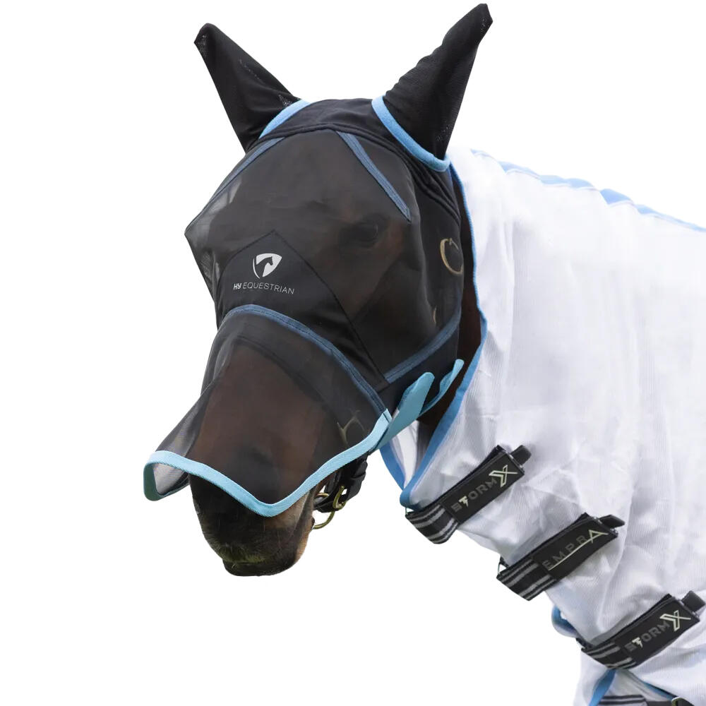 Mesh Horse Fly Mask With Ears & Nose (Black/Light Blue) 1/1