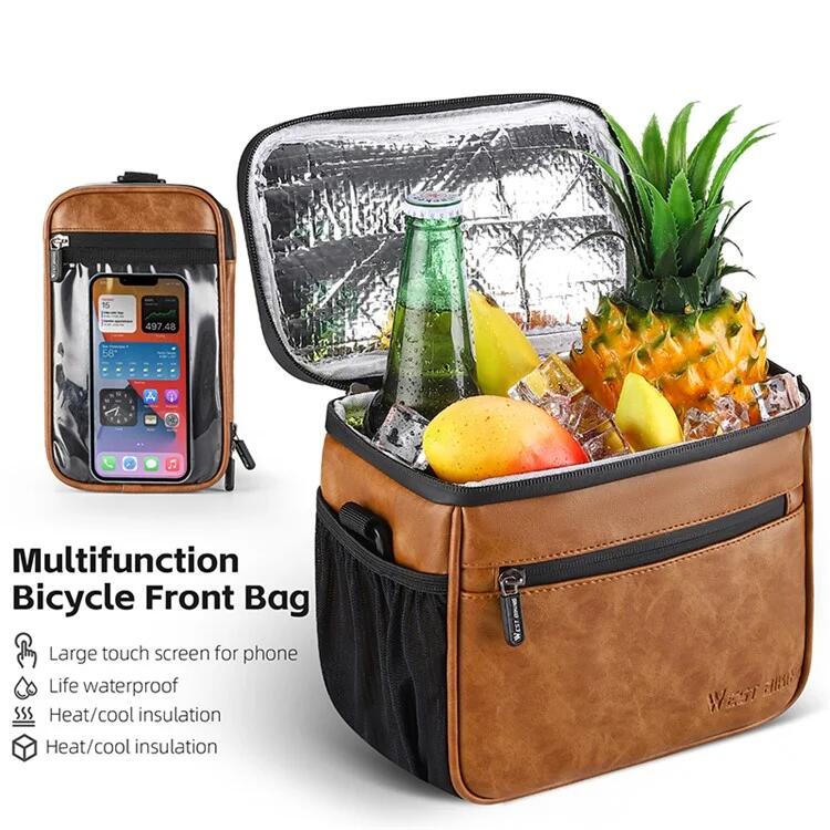 Bolsa térmica de cuero para manillar de bicicleta, soporte para teléfono 3/7