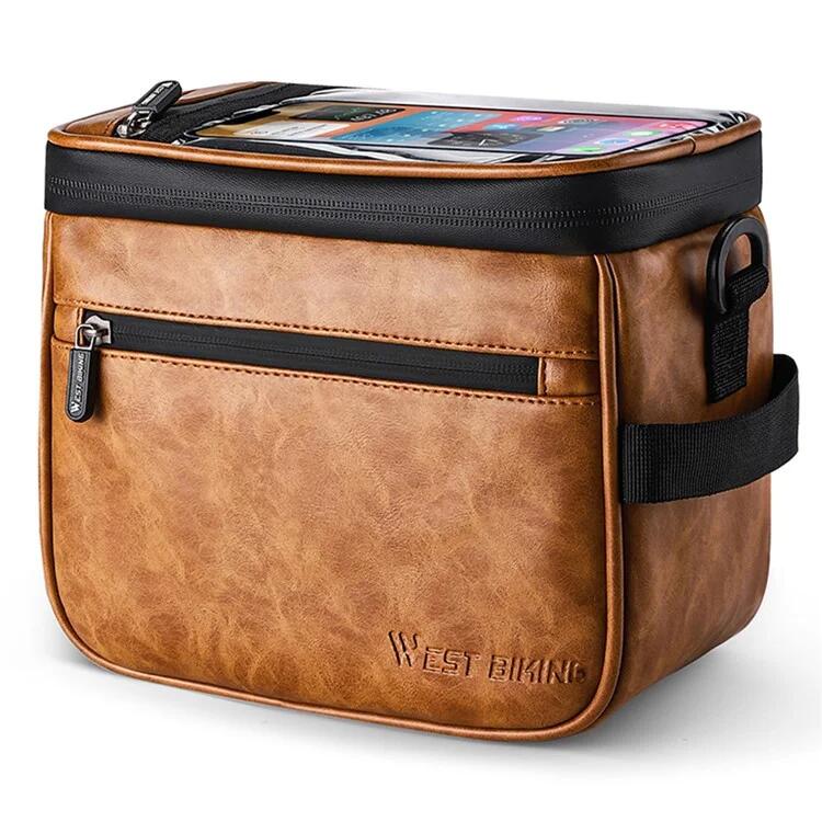 WEST BIKING Borsa termica in pelle per manubrio bici, supporto per telefono  - Marrone