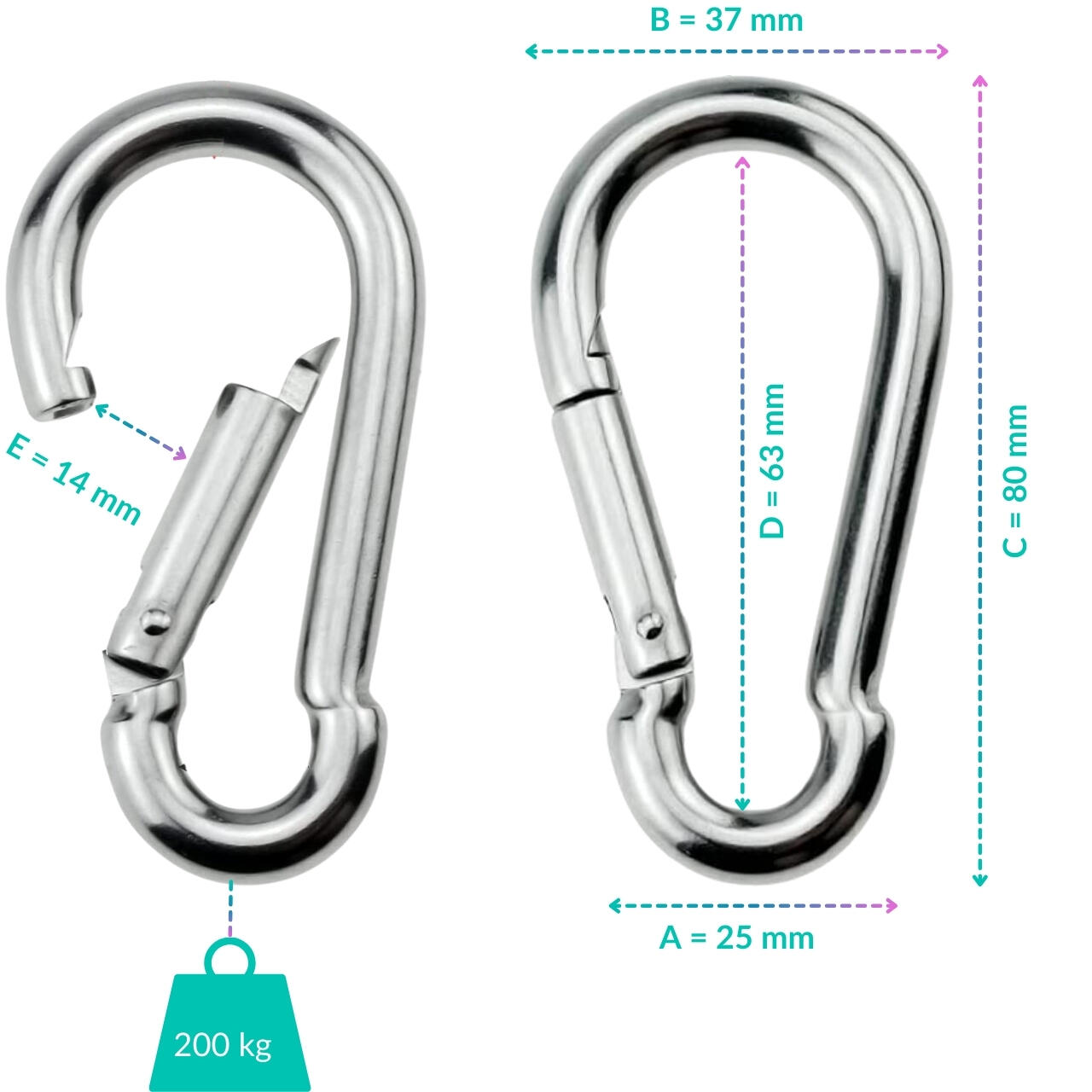 Karabijnhaak voor fitness accessories groot en sterk, 8 × 3 cm, 250 kg 3/7