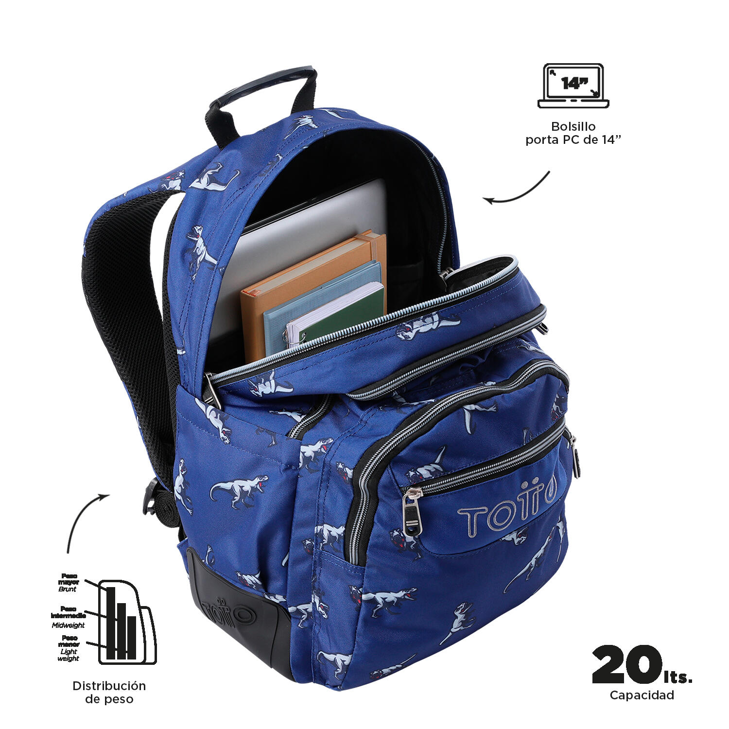 Totto Mochila escolar Rayol Dinasaurs Blue Poliéster reciclado 33 x 44 x 13.5 c 4/5