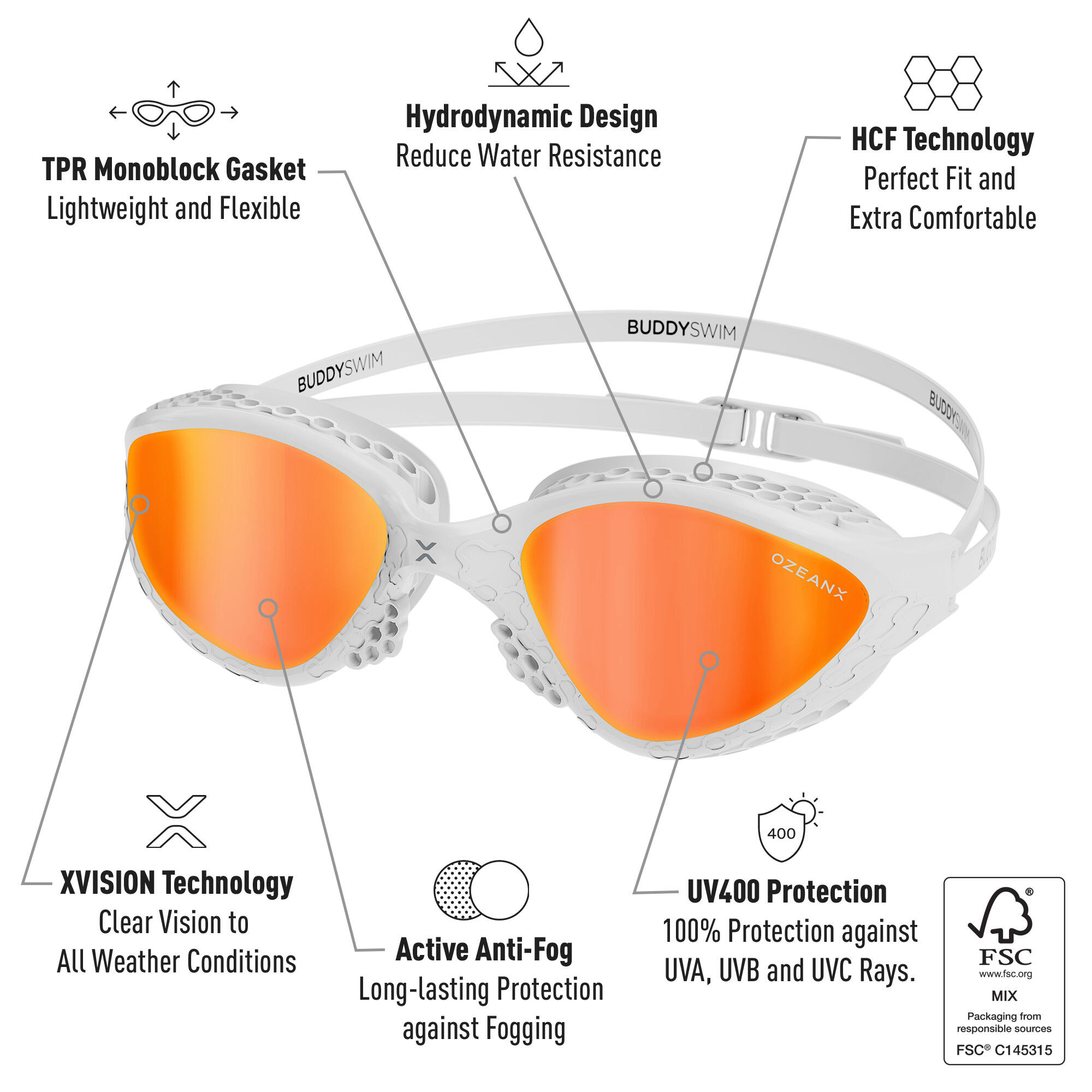BuddySwim OzeanX Lunettes White/Orange Mirror Eau Libre Triathlon Anti-Buée UV 2/7