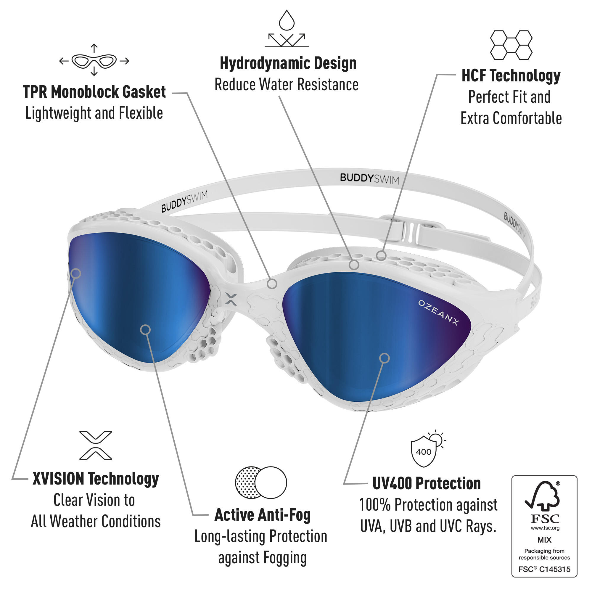 BuddySwim OzeanX Lunettes White/Blue Eau Libre Triathlon Anti-Buée UV 2/7