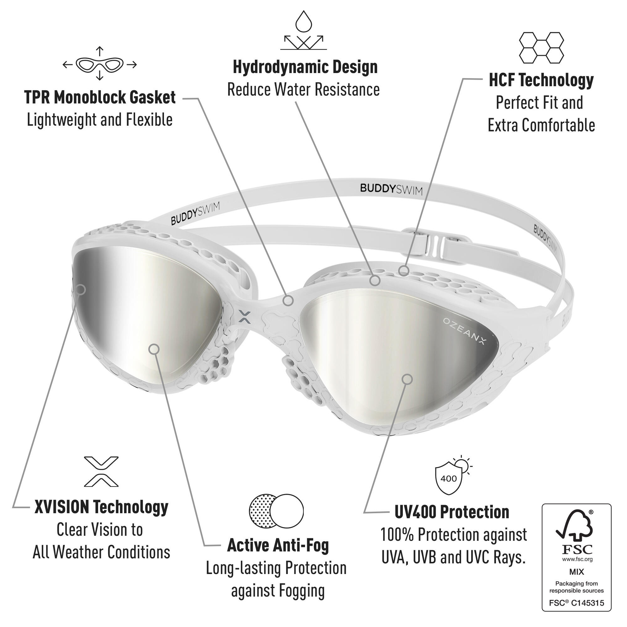 Lunettes de natation OzeanX Open Water et Triathlon Blanc/Silver 2/8