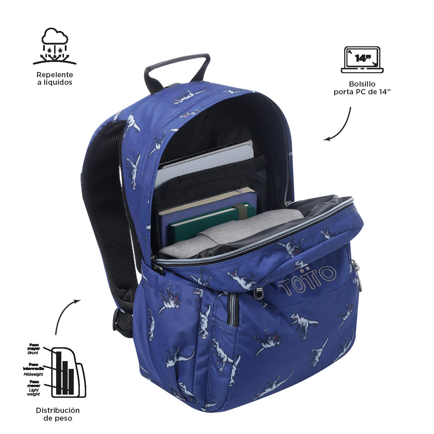 Totto Mochila escolar Acuareles Dinosaurs Blue Poliéster reciclado 33 x 44 x 14 4/5