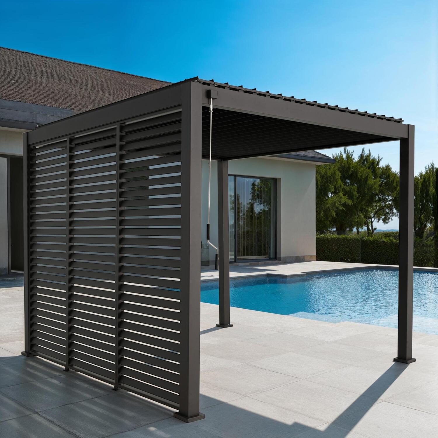 Pérgola bioclimática 3x3m de alumínio lâminas orientáveis v2 + 3 persianas,