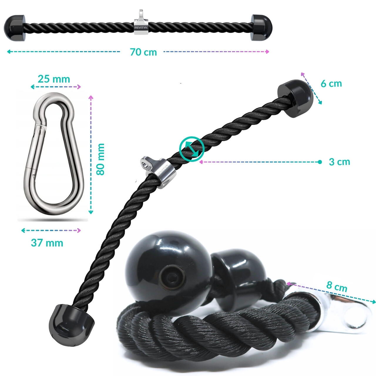 Agarre musculación polea cuerda para triceps accesorio con mosquetón, 70 cm 4/7