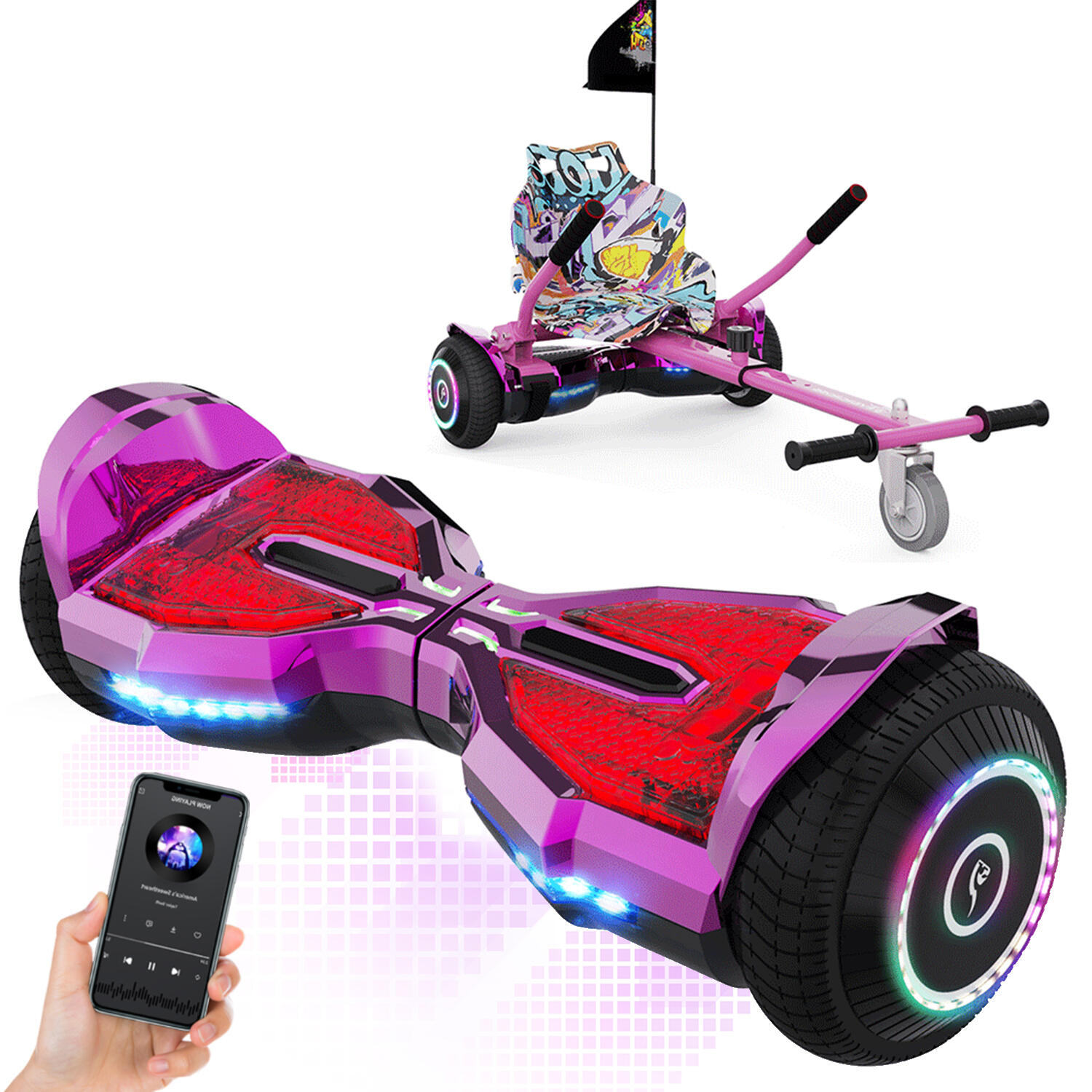 EVERCROSS Hoverboard 6,5 Palců s Sedadlem, Bluetooth Aplikace, 3 Světla, s Kartem - EV2