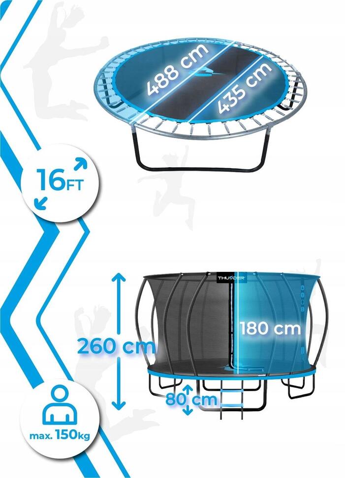 Trampolina ogrodowa dla dzieci z siatką THUNDER INSIDE-ULTRA 16FT 488CM BLUE