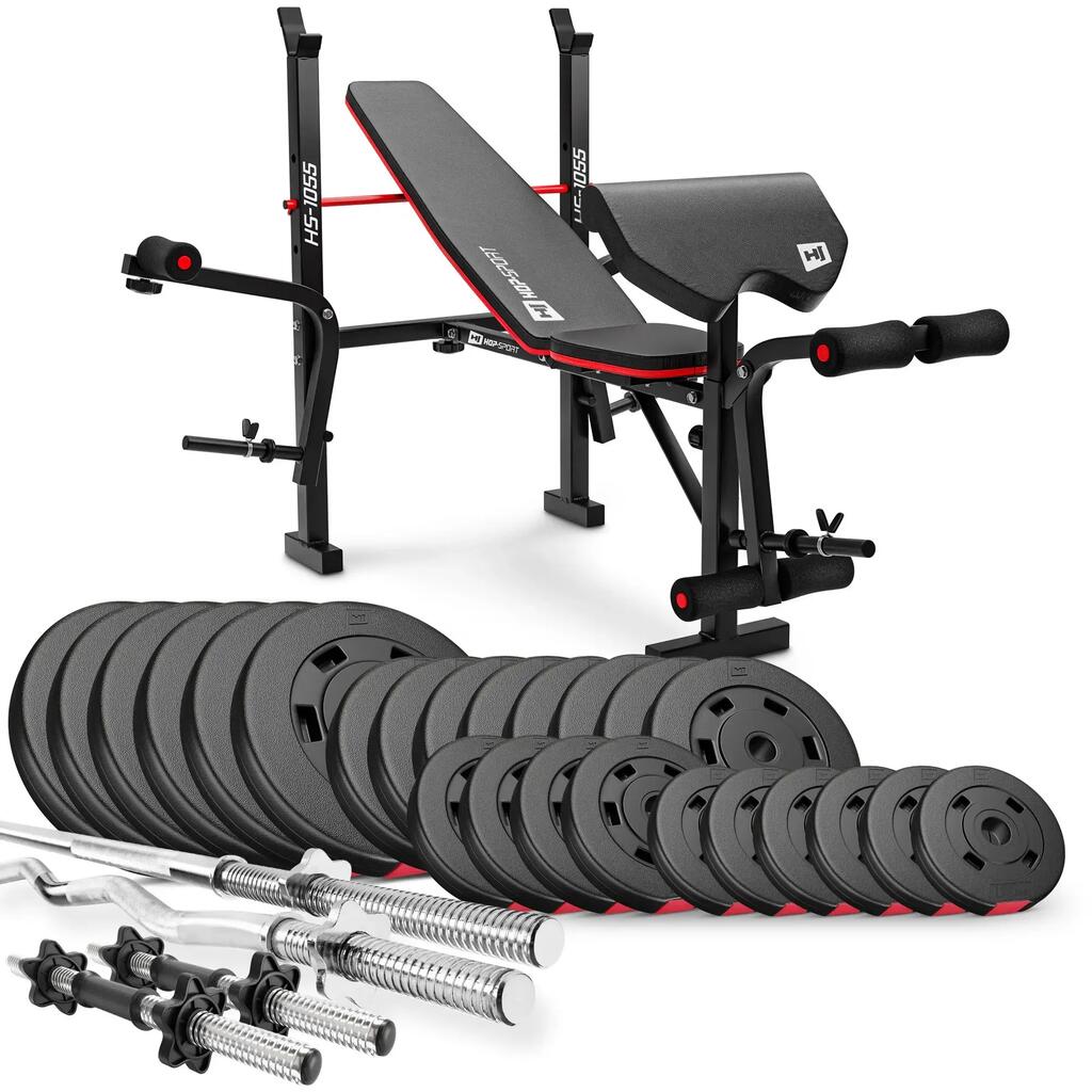 Културистичен комплект Hop-Sport Premium 135kg с пейка HS-1055