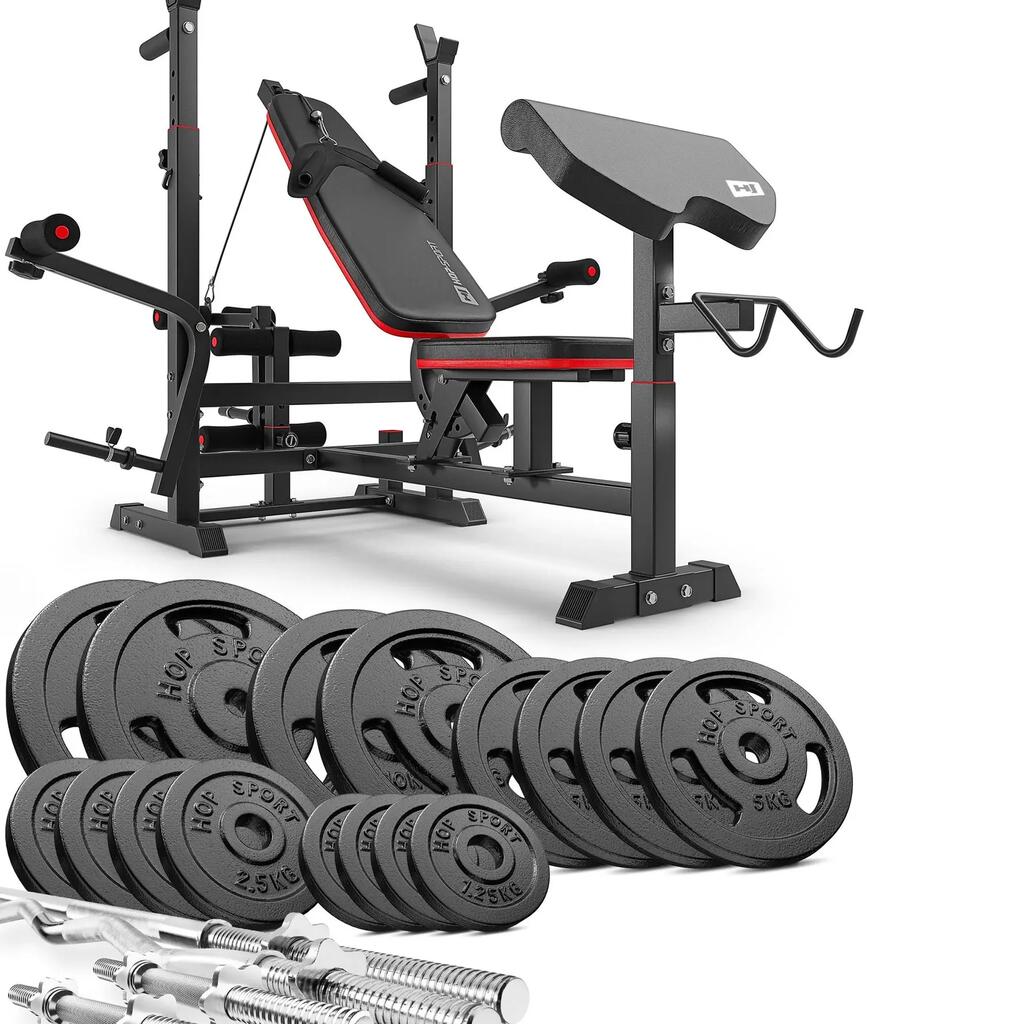 Културистичен комплект Hop-Sport Strong 106 кг с пейка HS-1075