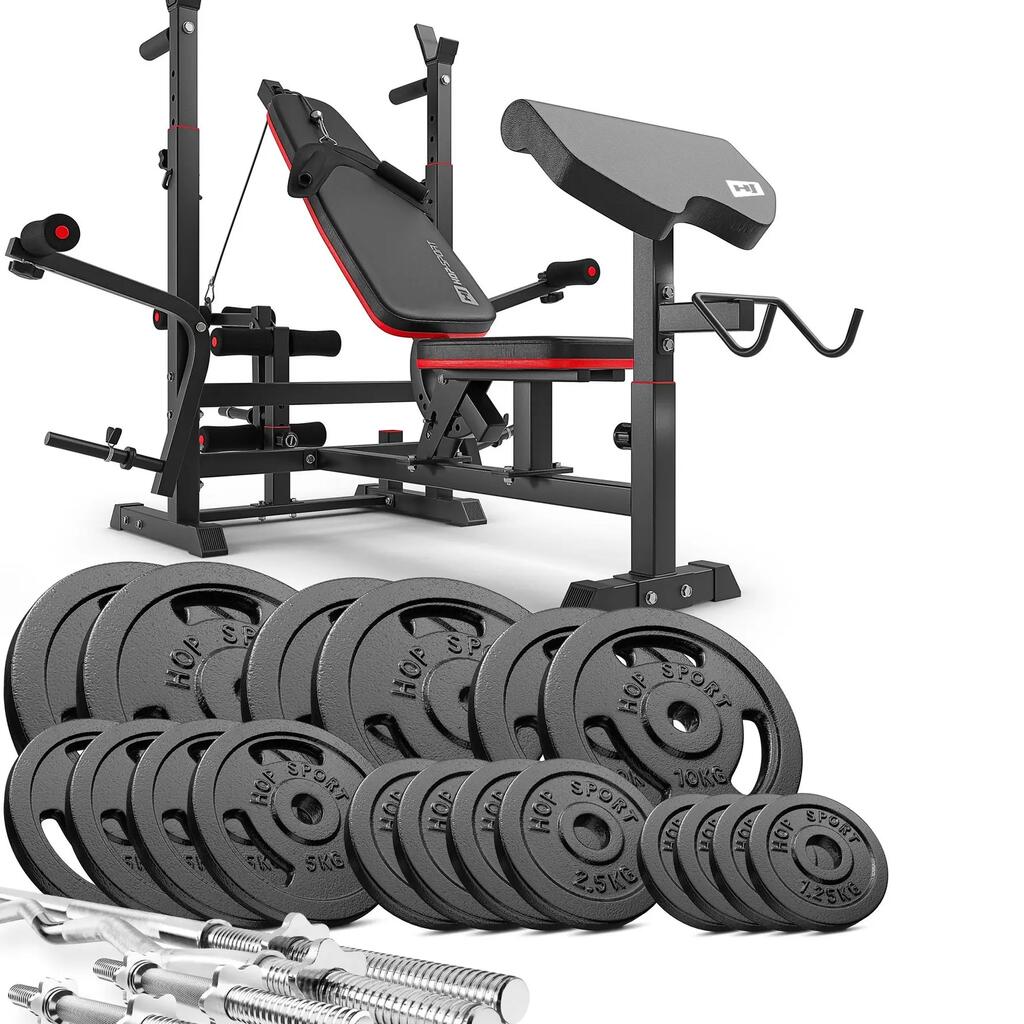 Културистичен комплект Hop-Sport Strong 146кг с пейка HS-1075