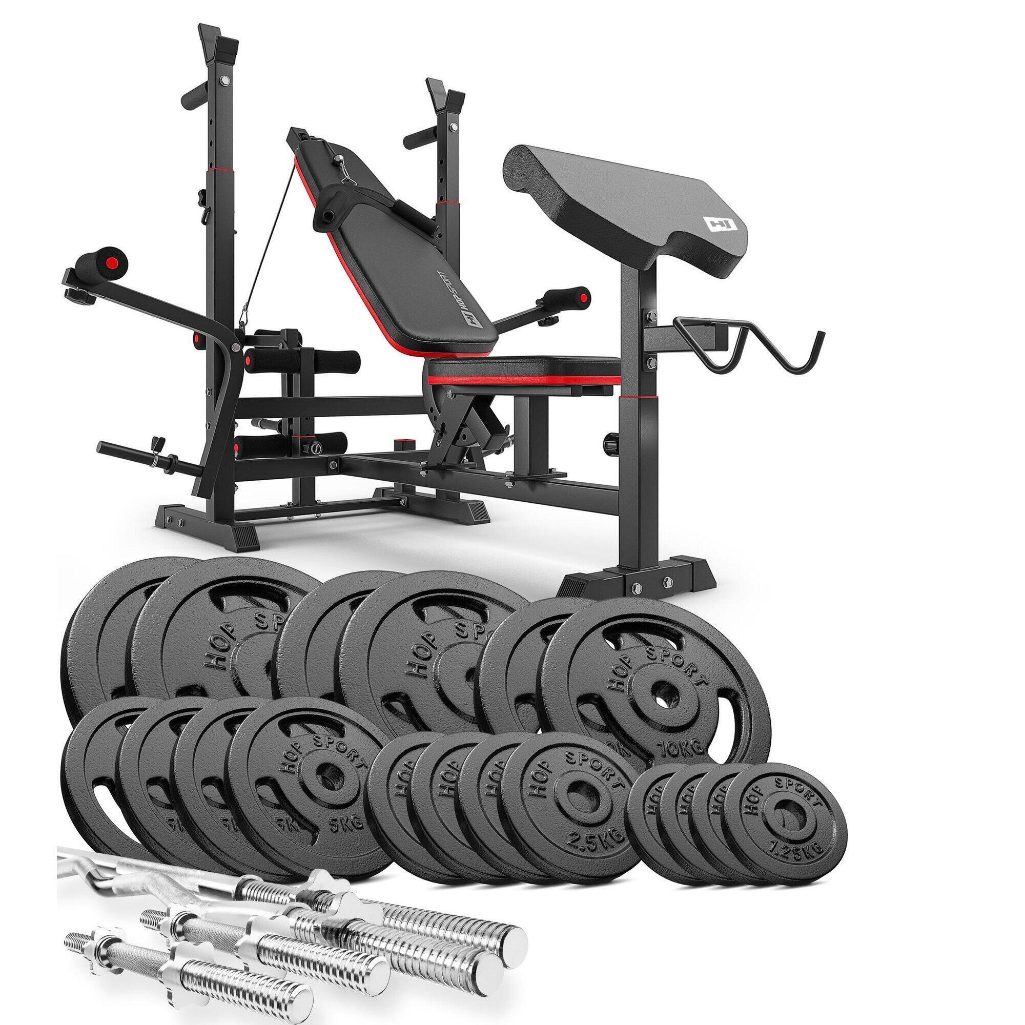 HOP-SPORT Sada litinových závaží 146kg s lavicí HS-1075