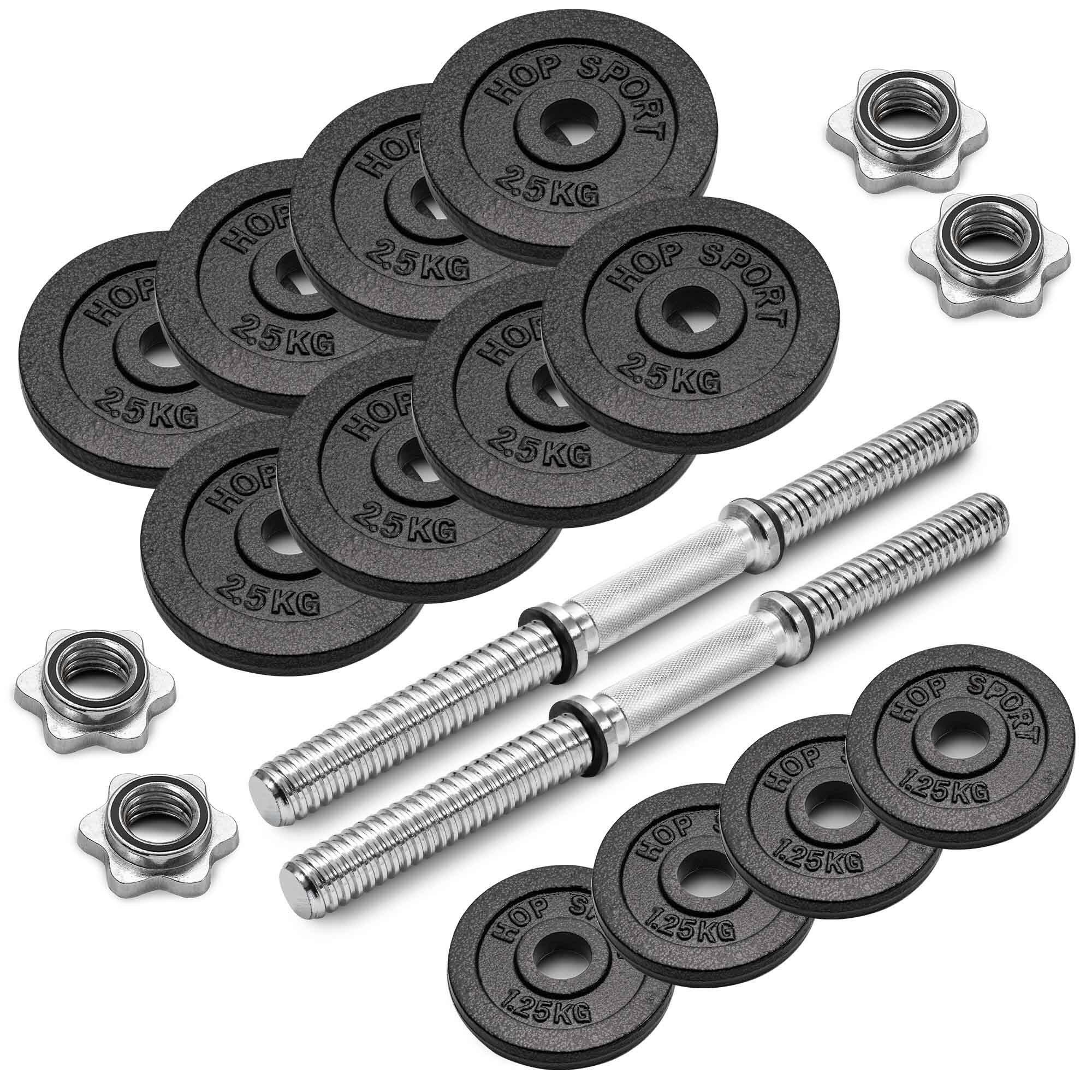 Manubri in ghisa regolabili Hop-Sport, pesi 2x15kg con guanti 2/7
