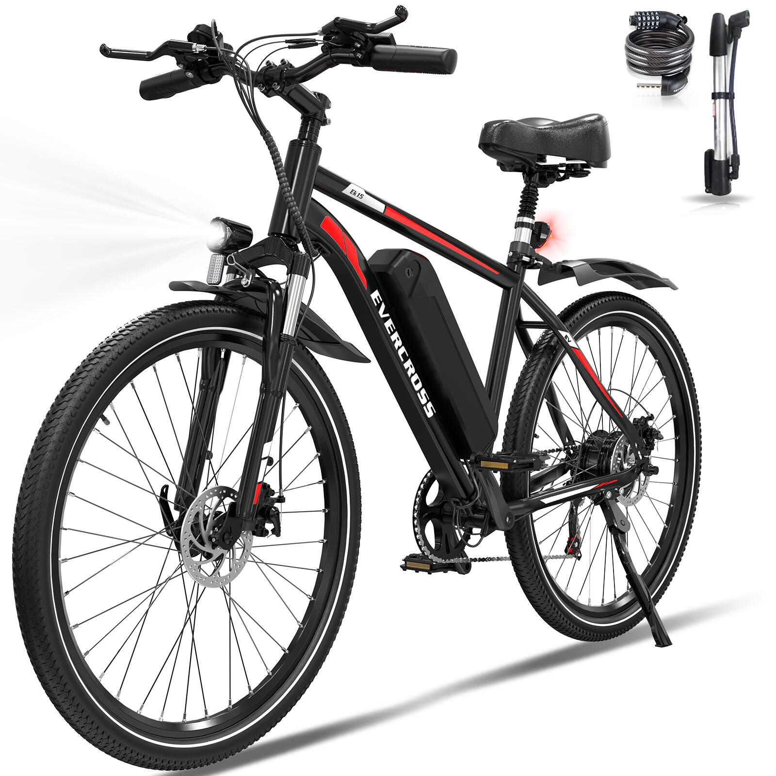 Evercross - Vtt Vélo Électrique 27,5"-batterie 468wh-7 Vitesses-suspension&freins-ek15 - Vélo Tout Chemin - Rouge - 26" - Decathlon