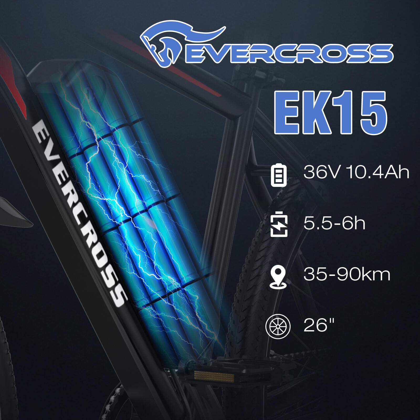 E-Mountainbike-Motor 250W-36V10.4Ah-Vollgefedert-Elektrofahrrad-EVERCROSS EK15 3/7