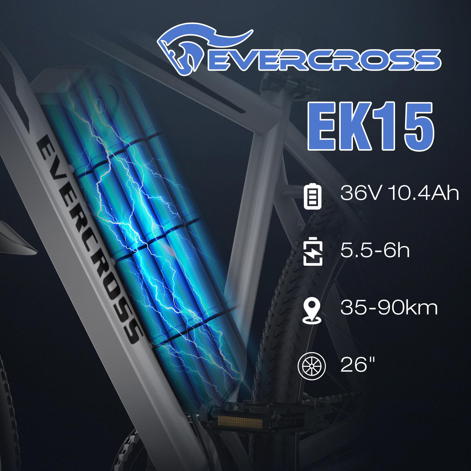 E-Mountainbike-Motor 250W-36V10.4Ah-Vollgefedert-Elektrofahrrad-EVERCROSS EK15 3/7