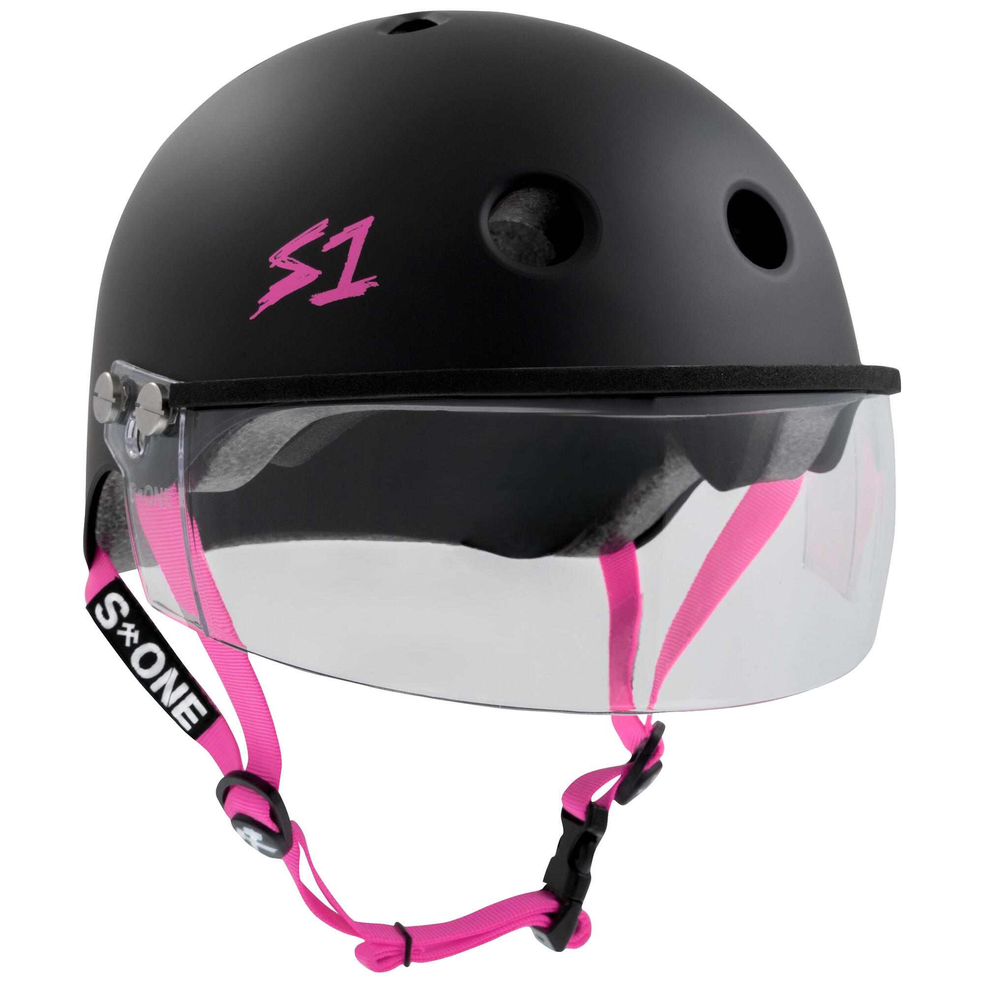 S1 LIFER VISOR Helmet – Multi & High Impact Certified - Matt Black, Pink Strap 1/6