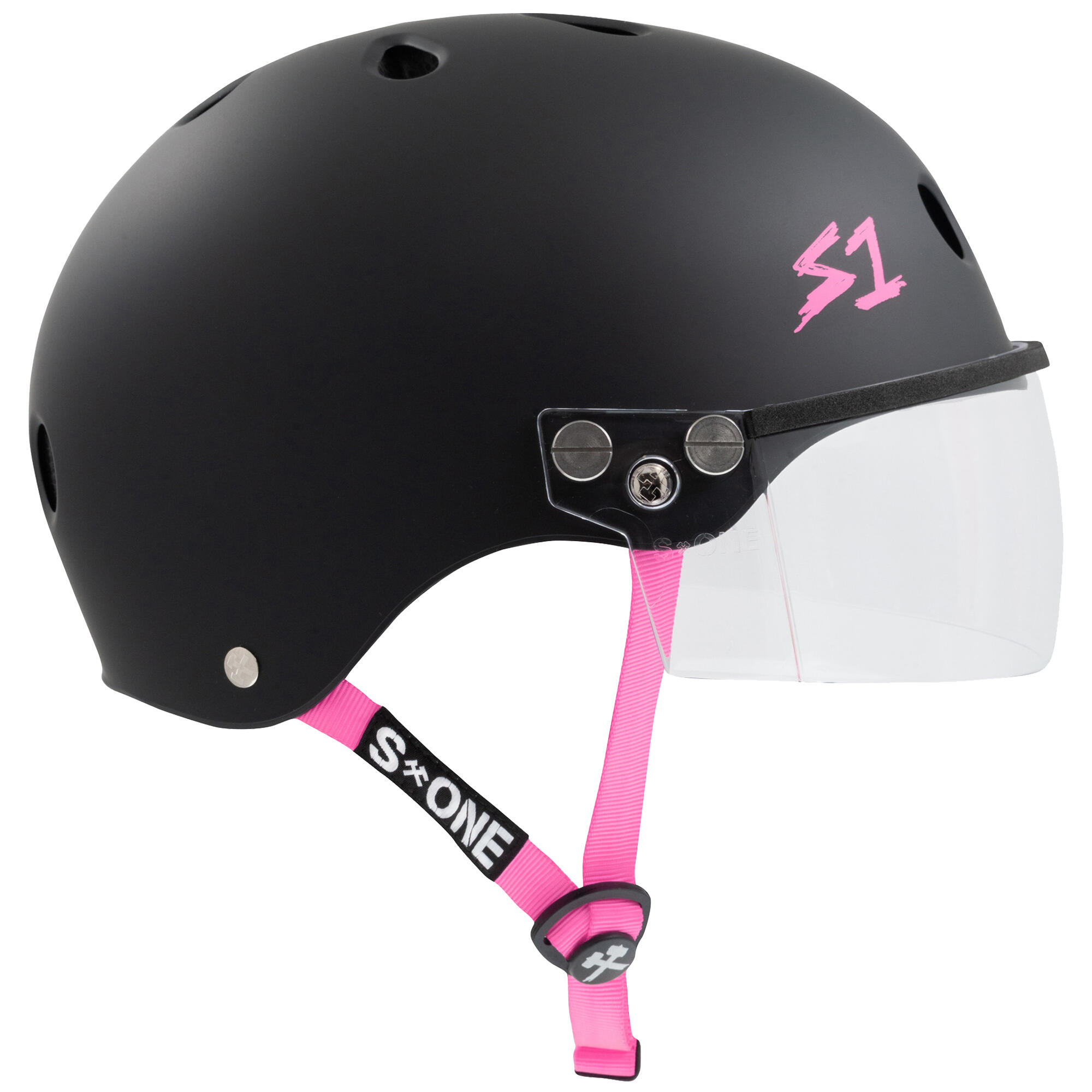 S1 LIFER VISOR Helmet – Multi & High Impact Certified - Matt Black, Pink Strap 3/6