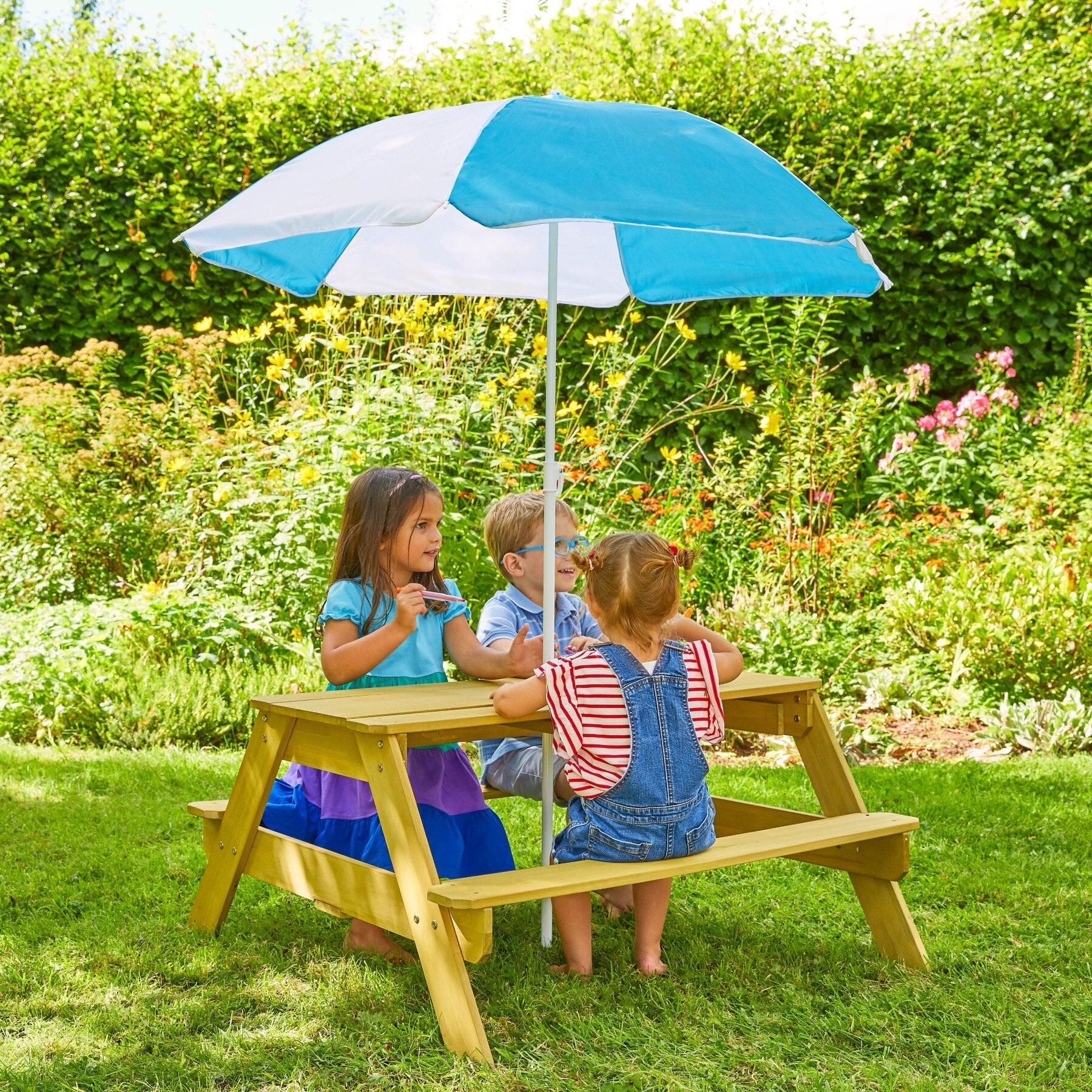 Set Table Enfant Extérieur COIL - Avec Parasol Et Chaises - Bleu - Pour Jardin, Balcon