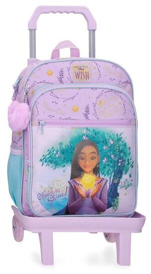 Mochila escolar adaptable niña Disney Wish watch us shine con carro 38cm malva