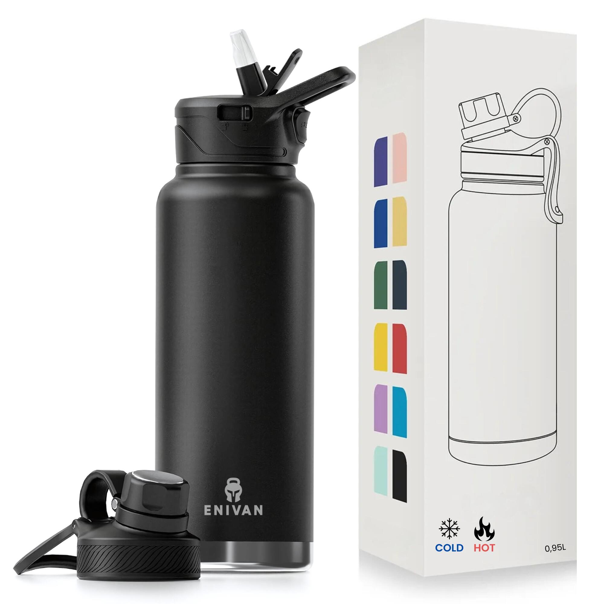 ENIVAN Borraccia termica inox 1L, a tenuta stagna con tappo sport e con cannuccia