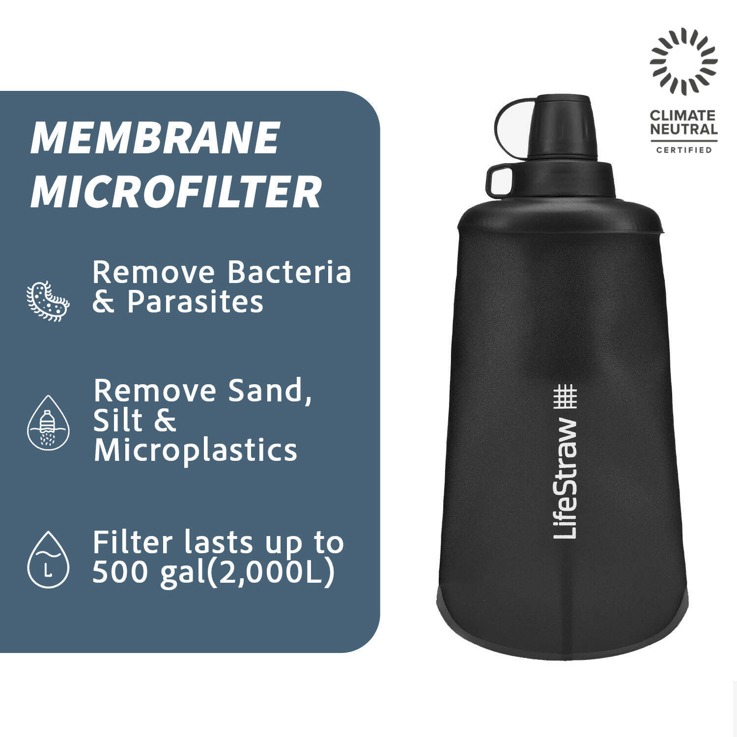 Lifestraw Peak Series - Collapsible Squeeze Bottle Water Filter System – 650ml , Dark Gray