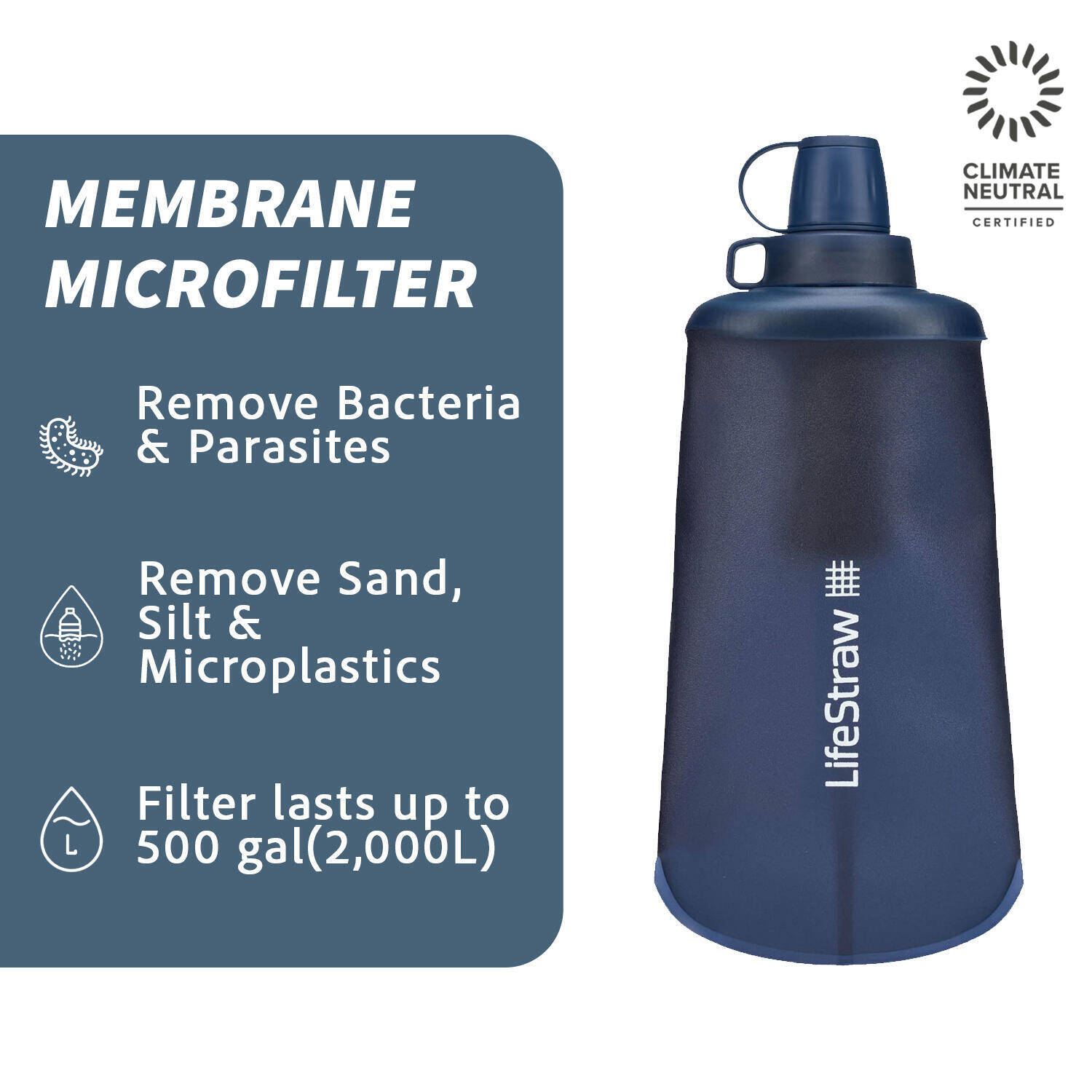 Lifestraw Peak Series - Collapsible Squeeze Bottle Water Filter System – 650ml, Mountain Blue