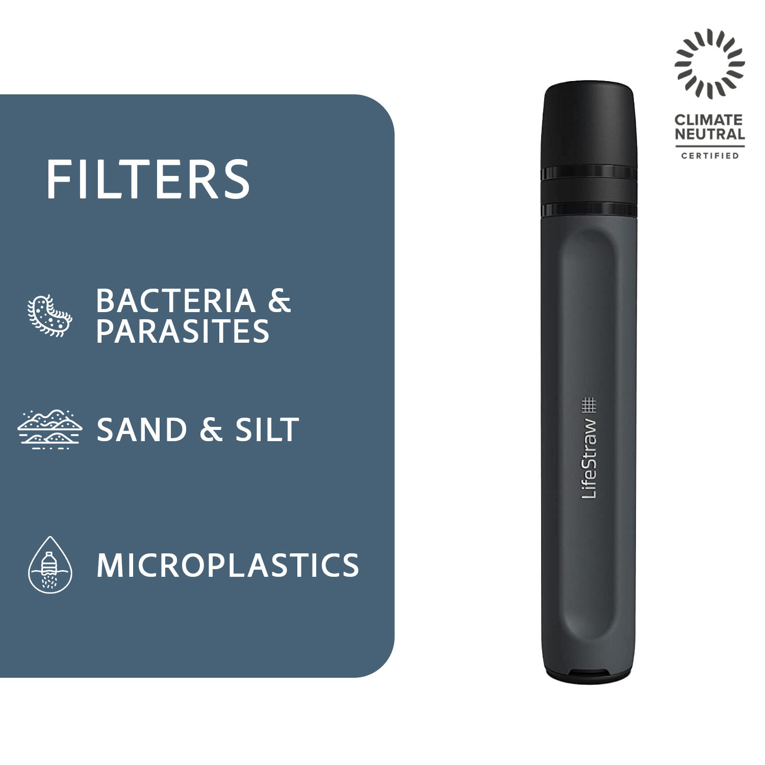 Peak Series Personal Water Filter Straw for Hiking, Camping, Travel, and Emergency Preparedness, Grey