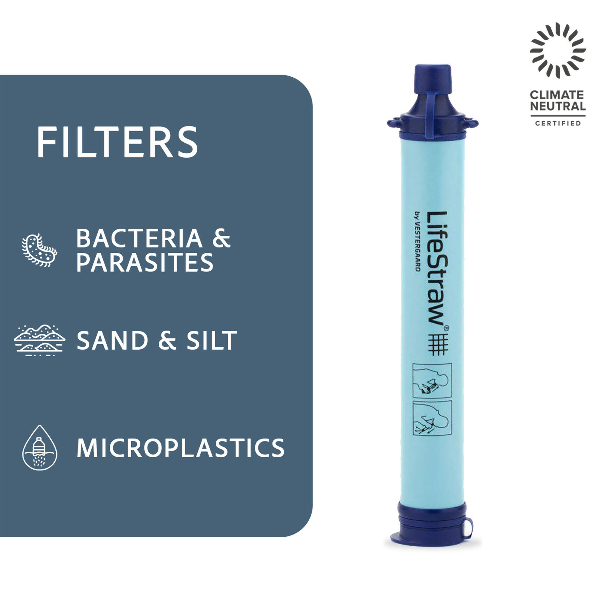 Personal Water Filter for Hiking, Camping, Travel, and Emergency Preparedness, Blue